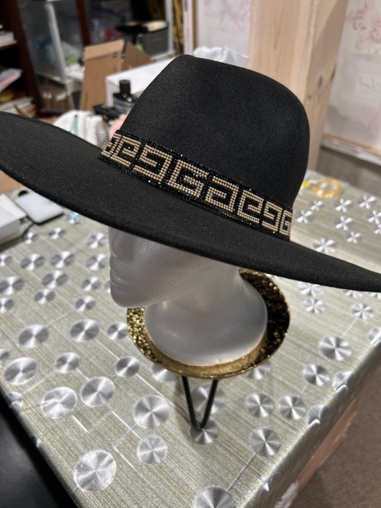 NWOT. Black & Tan Rhinestone Greek Key Band Wide Brim Boho Fedora. main image 6